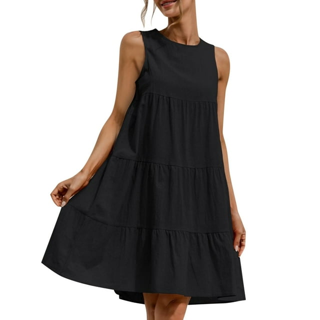 Vestido informal sin mangas para mujer - Vestido camiseta mini con cuello redondo, plisado y bolsillos