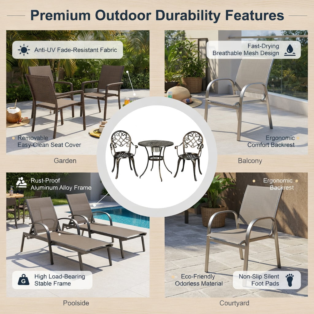 Hommoo 3-Piece Outdoor Bistro Set with Removable Stainless Steel Ice Bucket, Cast Aluminum Patio Table & Chairs for Backyard, Balcony, Poolside, Antique Bronze