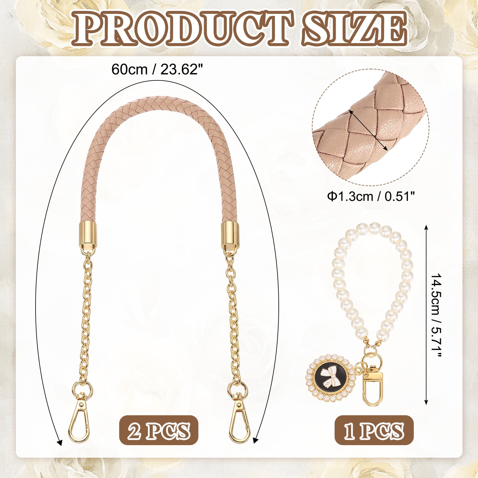Uxcell 2 Pcs PU Leather Chain Purse Strap, 23.6 Inch Braided Purse Handles Replacement Strap with Pearl Pendant for Tote Bag Handbag Underarm Bag (Pink, Light Gold Chain)
