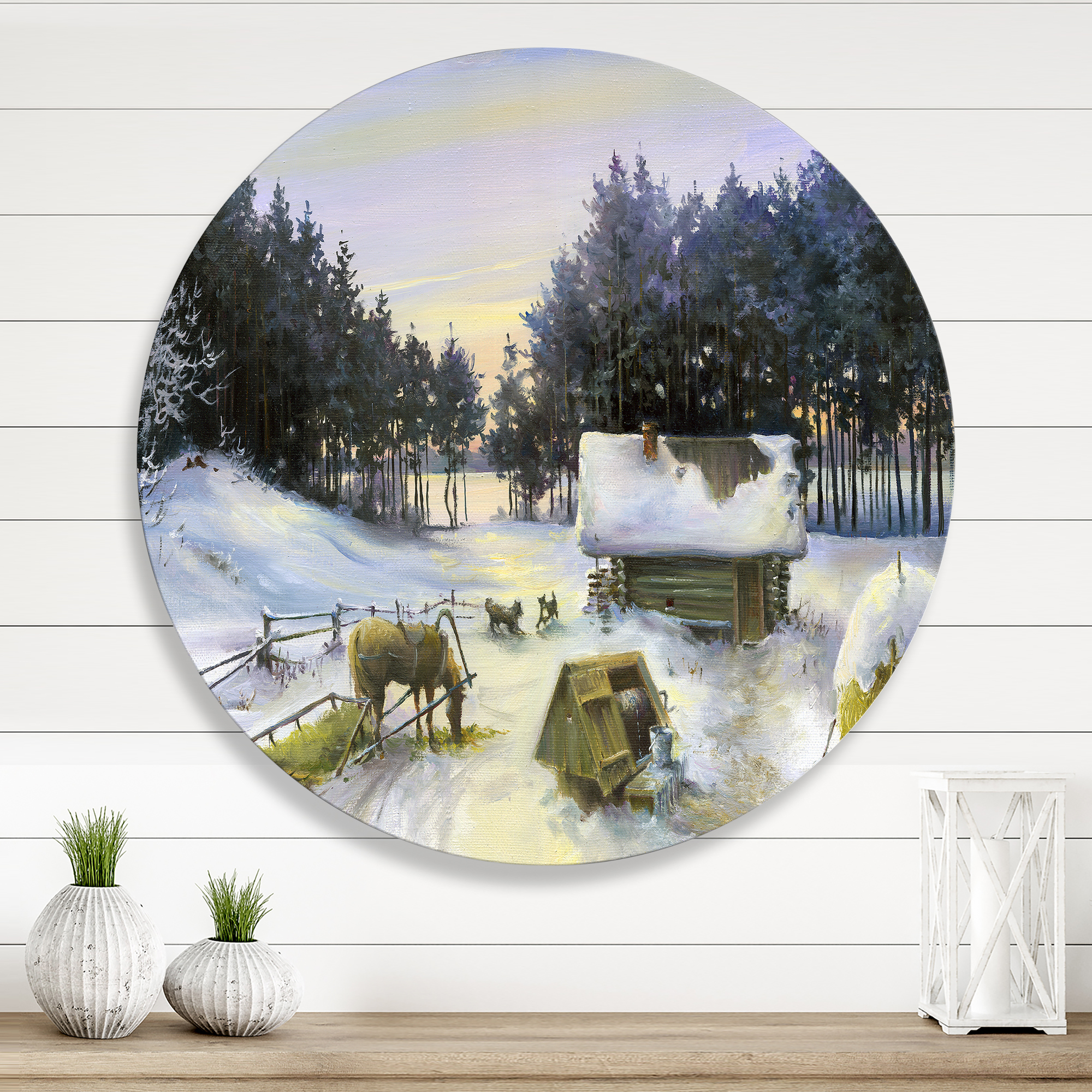 Designart 'Cottage Covered In Snow With Winterscene' Country Circle Metal Wall Art 11x11 - Disc of 11
