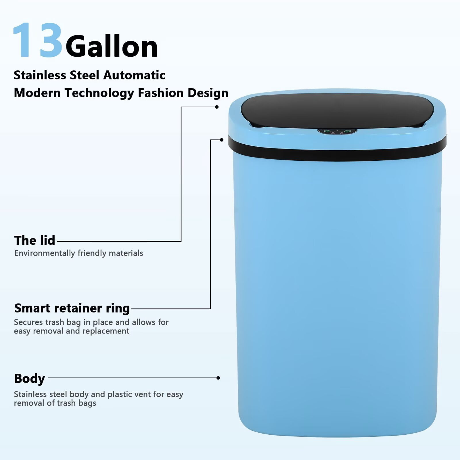 YRLLENSDAN,Kitchen Trash Cans 13 Gallon,Kitchen Garbage Can with Lid,Automatic Trash Cans Touchless,Simple Human Trash Can,BLUE,3 Pack