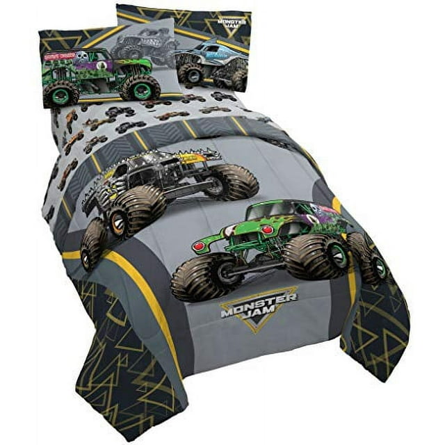 Monster Jam Ensemble de Lit Complet 5 Pcs - Comprend une Couette Réversible et un Ensemble de Draps - Literie avec Grave Digger, Max-D, Megalodon - Microfibre Super Douce - (Produit Officiel Monster Jam)