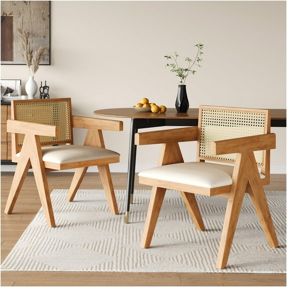 JERFIT Cane and Fabric Dining Chairs Set of 2, Natural Rattan Armchair with Beige Cushion for Kitchen, Dining Room, Farmhouse Decor