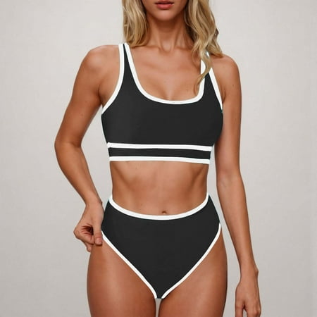 YUTK Womens Bathing Suits Clearance Under $10 Women s Split High Waisted Solid Color Swimsuit Conservative and Fashionable Bikini Swimsuit Black S