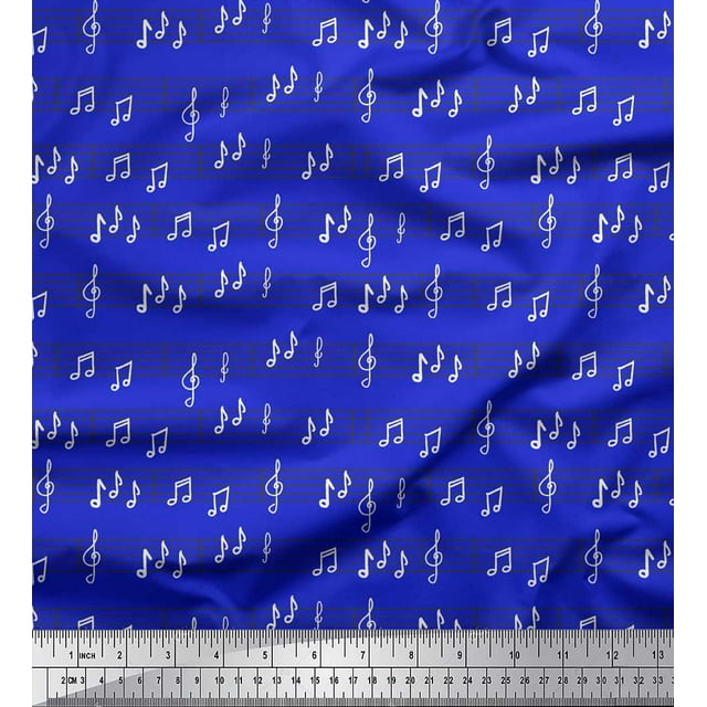Soimoi Blue Velvet Fabric Notes Musical Instrument Print Fabric by the Yard 58 Inch Wide