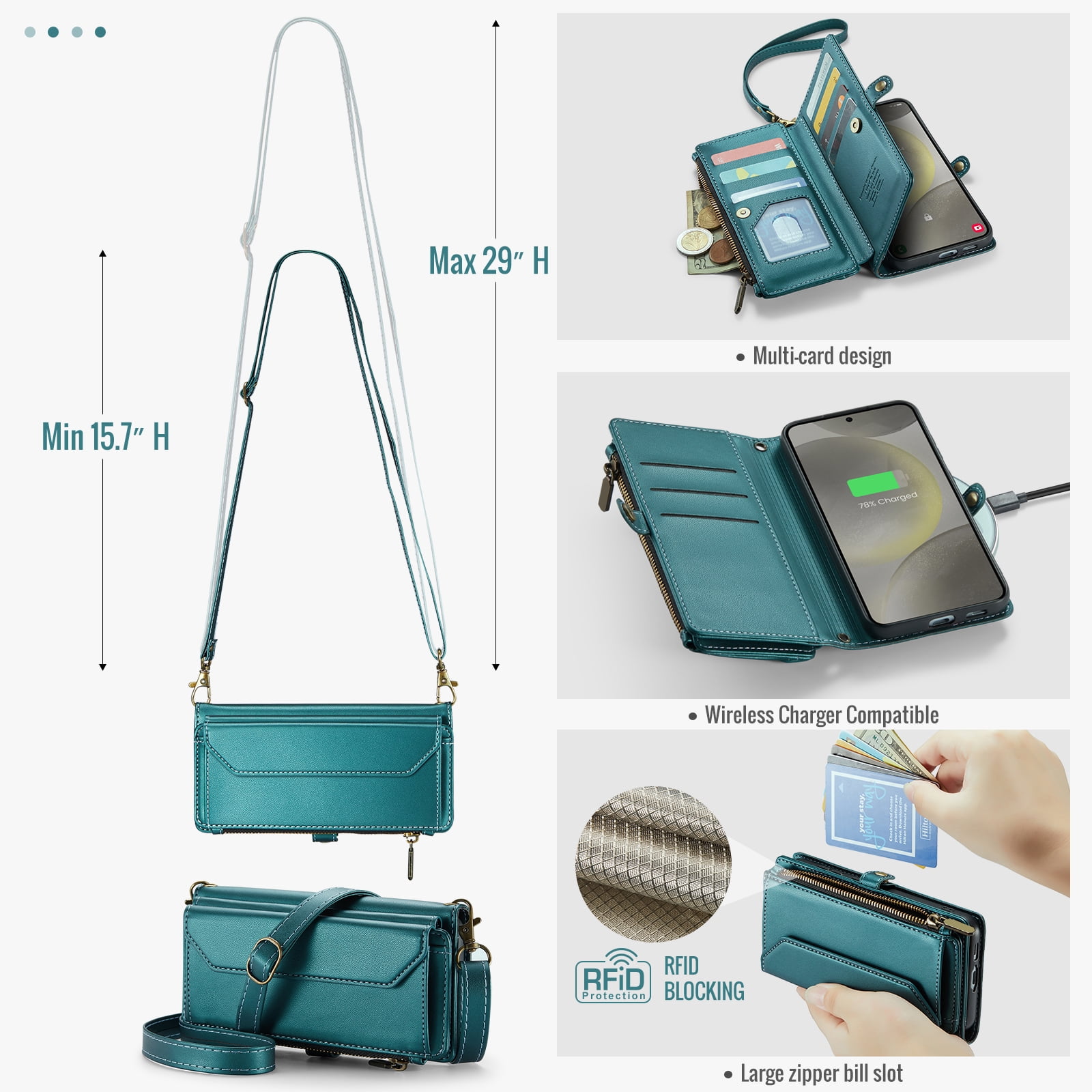 Compatible with Samsung Galaxy S24 Plus S24+ 5G Zipper Wallet Phone Case Tempered Glass Screen Protector Crossbody Lanyard Strap Flip Card Holder Slot Cell Cover for S24Plus 24S + S 24 Women Green