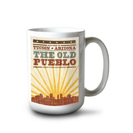 

15 fl oz Ceramic Mug Tucson Arizona Skyline and Sunburst Screenprint Style Dishwasher & Microwave Safe