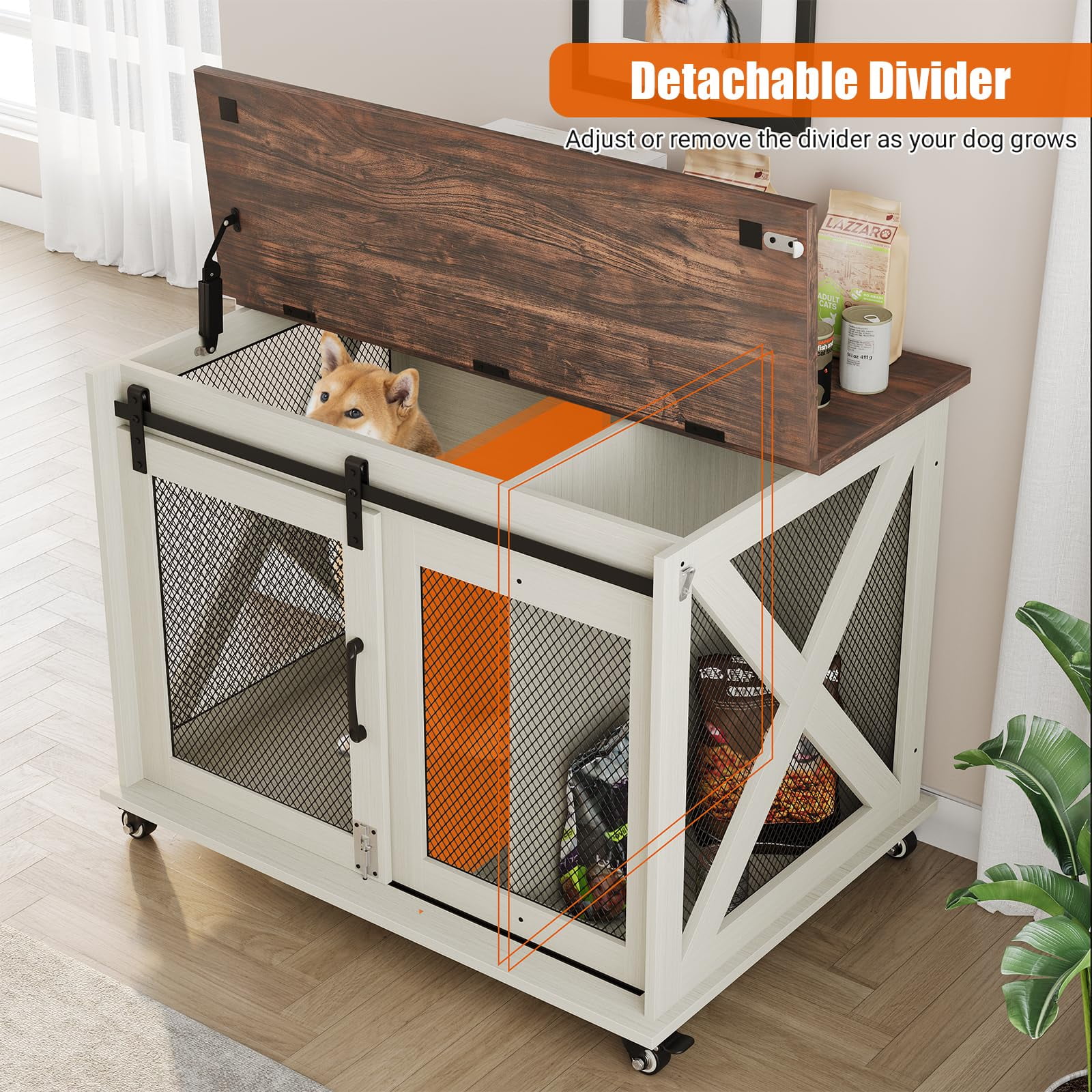 37" Dog Crate Furniture with Sliding Barn Door,Dog Kennel Indoor with Flip Top,Wheels and Removable Divider,Wooden Dog Cage Furniture for Medium Dogs,Large Corner Dog Crate Table Dog Crate End Table