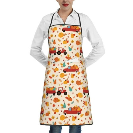 

Qekee Pumpkins On Red Car And Tractor Print Adjustable Bib Apron Resistant with Pocket Cooking Kitchen Aprons for Women Men Server Chef Apron