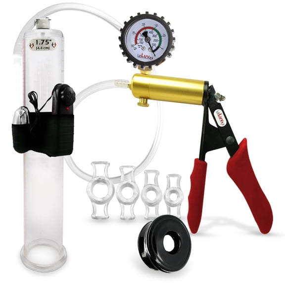 LeLuv Ultima Penis Pump, Brass w/ Red Handle, Silicone Grip, Clear Hose Protected Gauge | TPR Seal, 4 Cock Rings | 12" x 1.75" Vibrating Cylinder