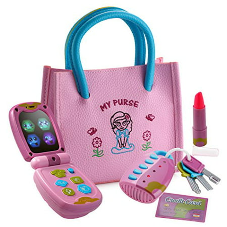 Playkidz My First Purse Pretend Play Set for Girls with Lights and Sound Flip Phone, Key Remote - Be Like Mom - Educational and Fun - Batteries (Best Toy Phone For 4 Year Old)