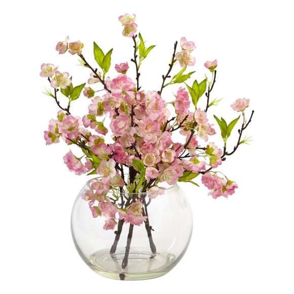 Nearly Natural Cherry Blossom in Large Globe Vase/Faux Water in Pink/Clear