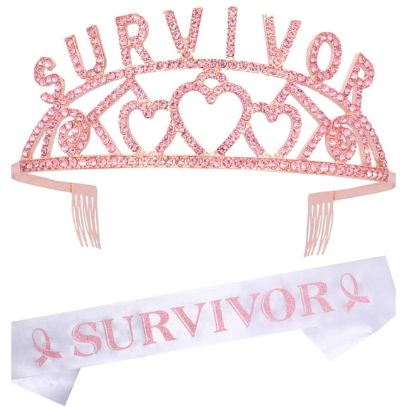 Breast Cancer Survivor Decorations Party Sash and Tiara for Women - Fabulous Set: Glitter Sash   Pink Rhinestone Premium Metal Tiara - Gift for Her