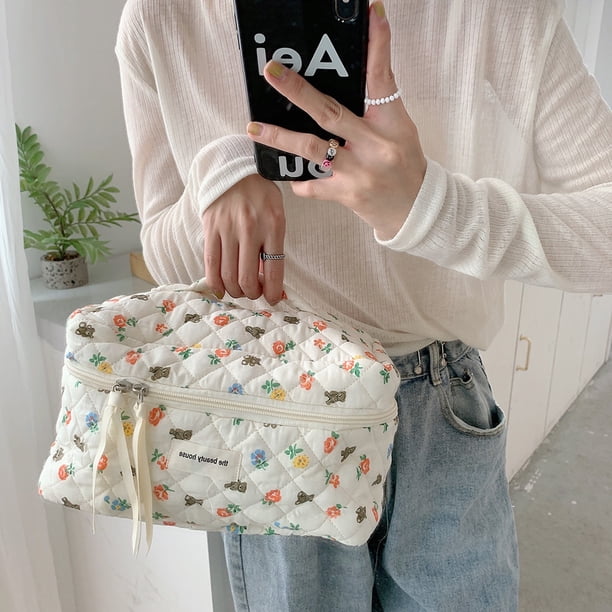 Bolso de cosméticos de algodón Lindo oso floral Dibujos animados Organizador de viaje de maquillaje (L)