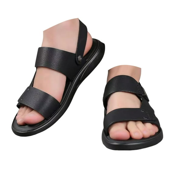 Dakaela Mens Sandals Leather Open Toe Summer Beach Shoes Anti Slip Comfortable Walking Slippers Black 7