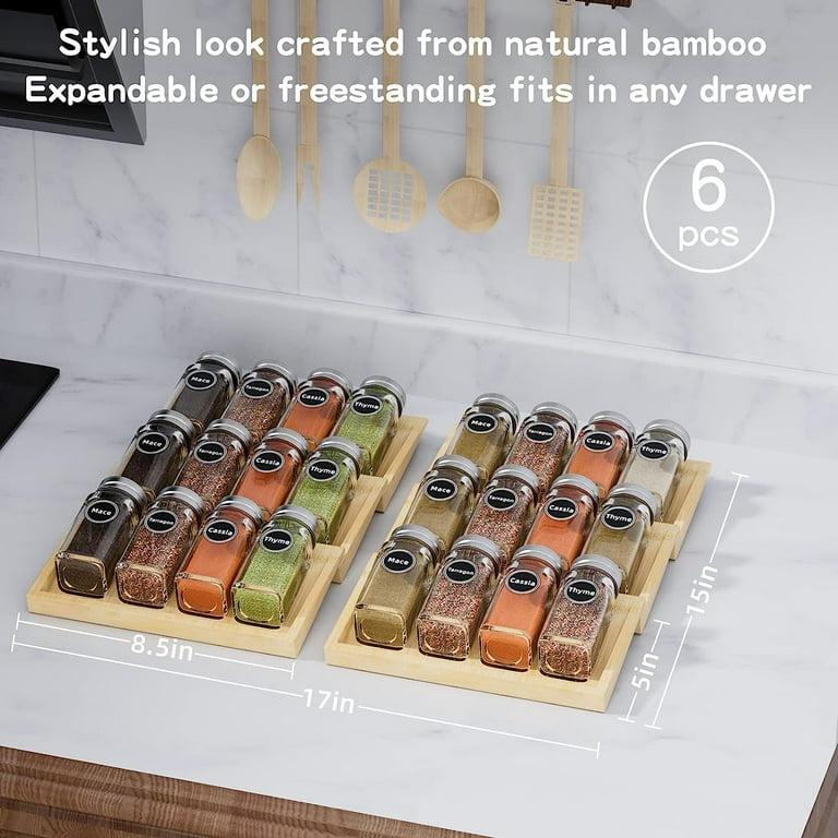 MinBoo Bamboo Spice Drawer Organizer with 24 Spice Jars, 432 Spice Labels with Chalk Marker and Funnel Complete Set, No Assembly Required, Size: 17 x