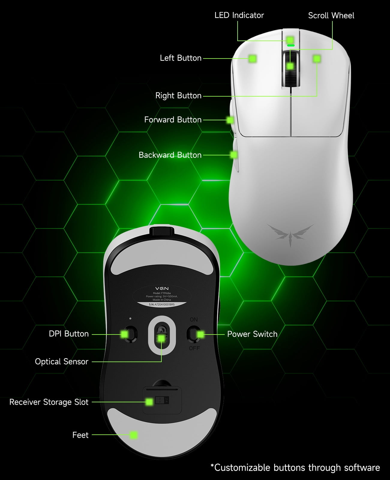 qaf Ultra Lightweight Wireless Gaming Mouse, 55g Tri-Mode Bluetooth/2.4G/USB-C Wired Mouse，Rechargeable 2.4G Cordless&Wired Mouse, 130Hrs Battery Life, for Laptop, PC, Mac-F1MOBA Black