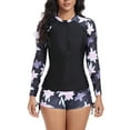 thumbnail image 2 of WREESH Women's 2-Piece Long Sleeve Rash Guard Swimsuit Set Upf 5+ Sun Protection Zipper Surf Suit with Boyshort Bottoms, Fit Swimwear for Surfing, Diving, Beach Activities Black, 2 of 9