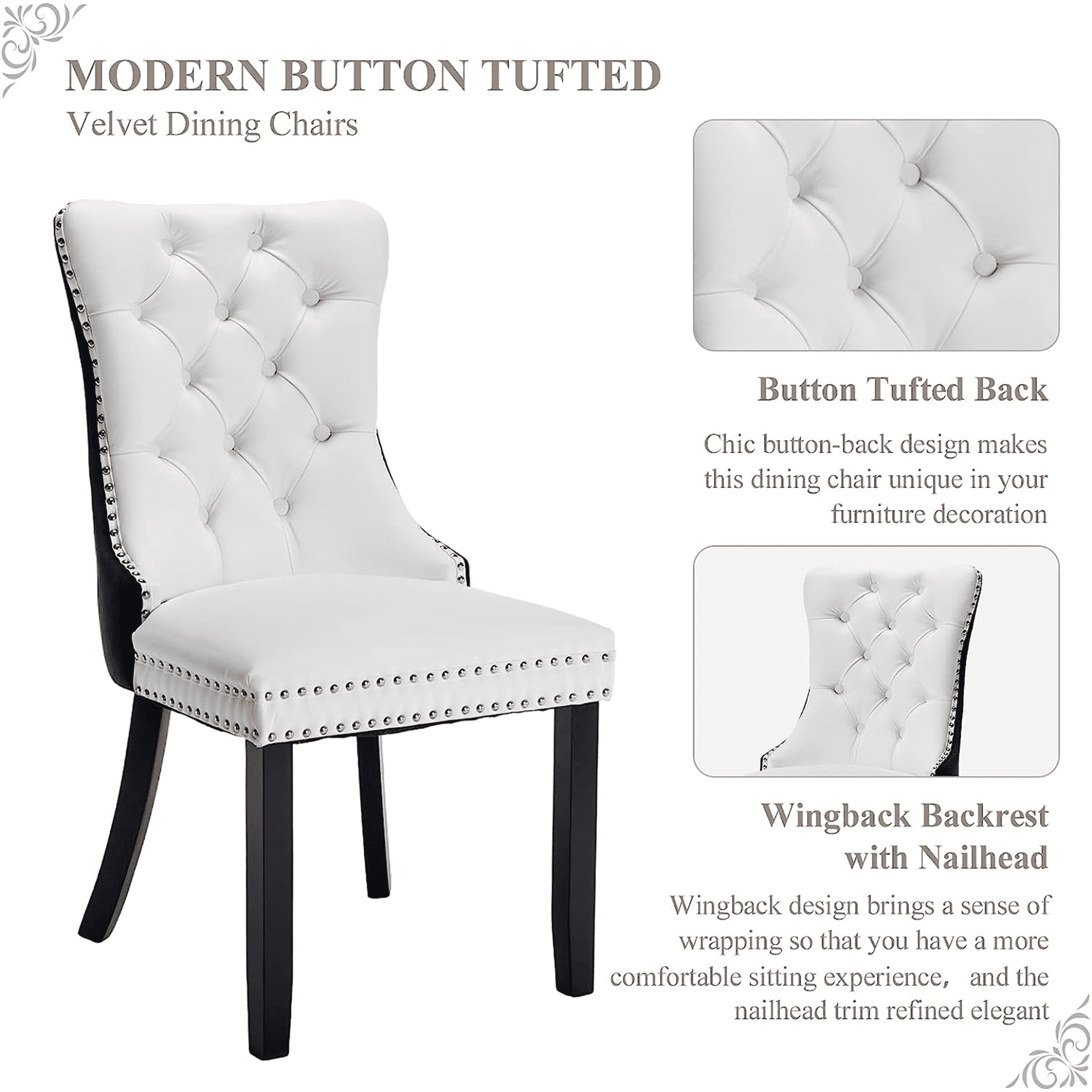 LegaHome Dining Room Chairs Set of 4, Modern Upholstered Velvet and PU Leather Dining Chair with Nailhead Trim and Solid Wood Legs, Tufted Button Padded Chairs Set for Dining Room, White&Black
