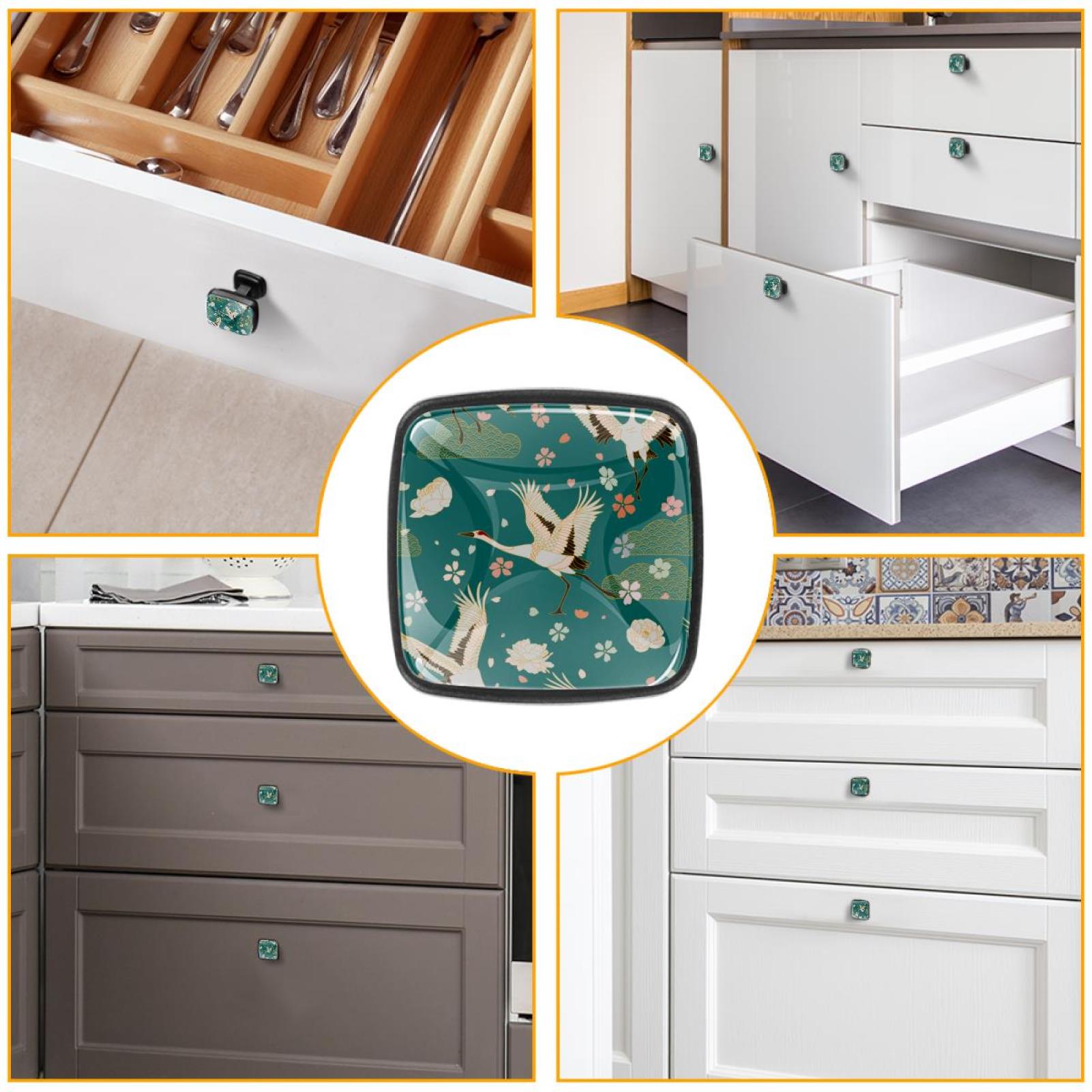 4 Pcs Cabinet Handle Drawer Pulls Red-Crowned Crane Knobs with Screws Square Furniture Office Cabinet Knob Decoration