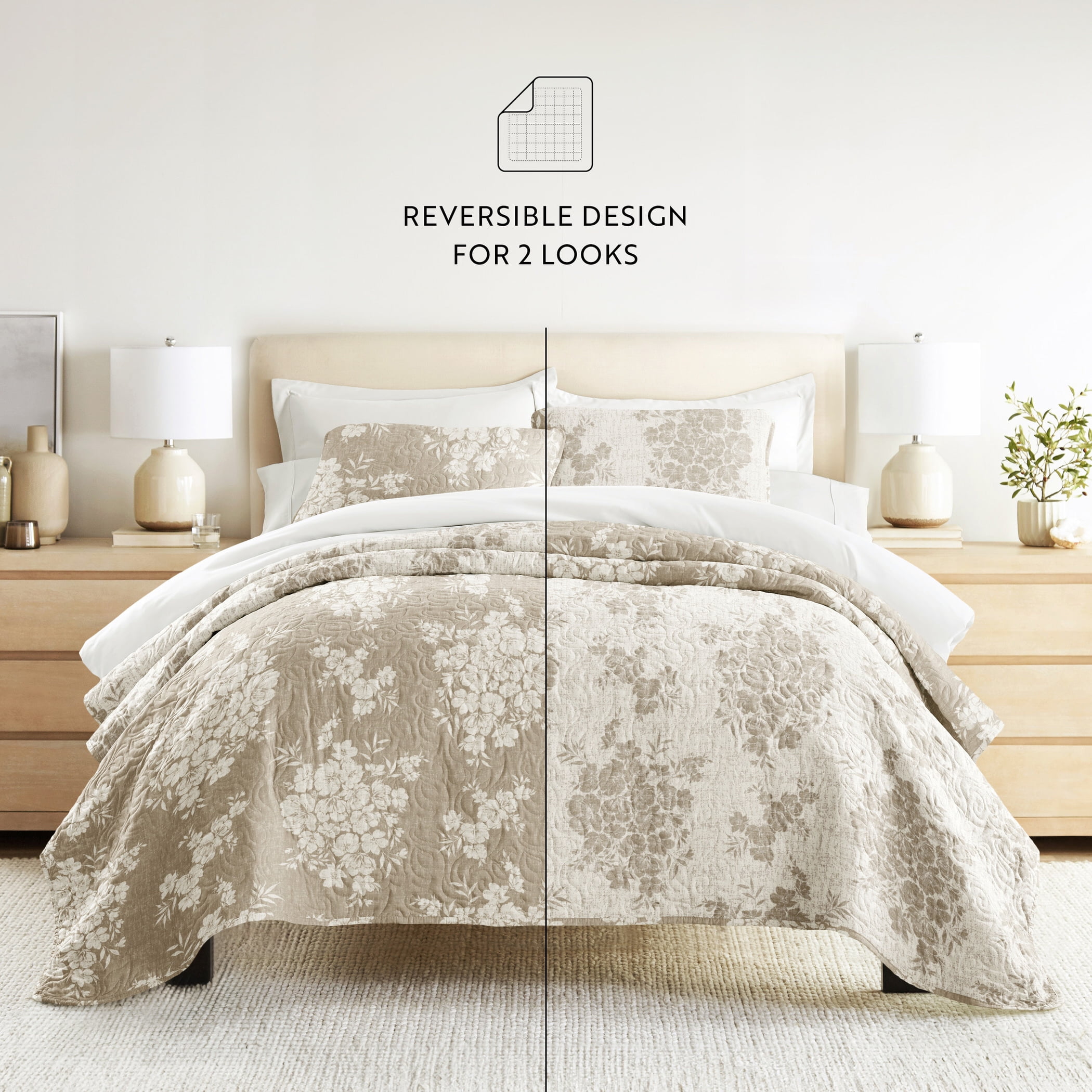 Noble Linens 3-Piece Taupe Distressed Bouquet Reversible Quilt Set, Queen