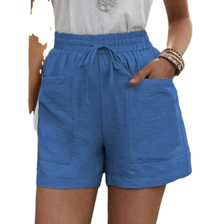 

Women Summer Beach Shorts Drawstring Elastic Waist Plain Lounge Loose Casual Wide Leg Short Pants Pajama Ladies Cotton Linen Shorts with Pockets Plus Size