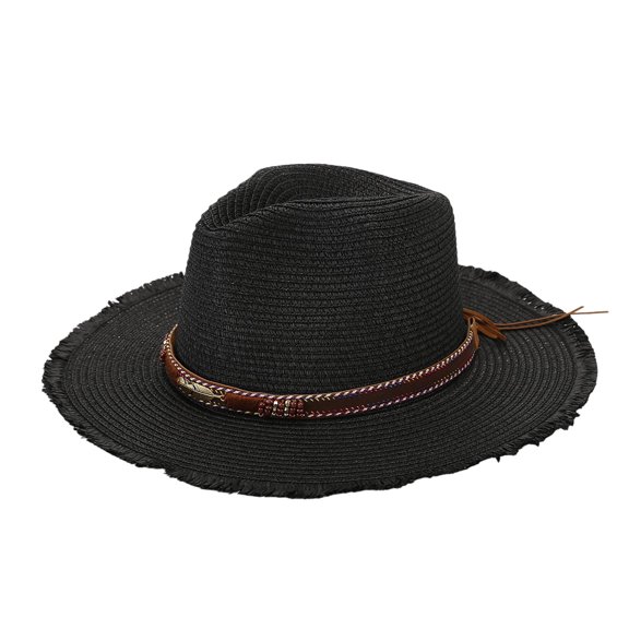 FUZHIQ Cowboy Straw Hat for Men Women Frayed Brim Woven Fedora Sun Hat Vintage Summer Cap for Outdoor Beach Vacation Travel,One Size
