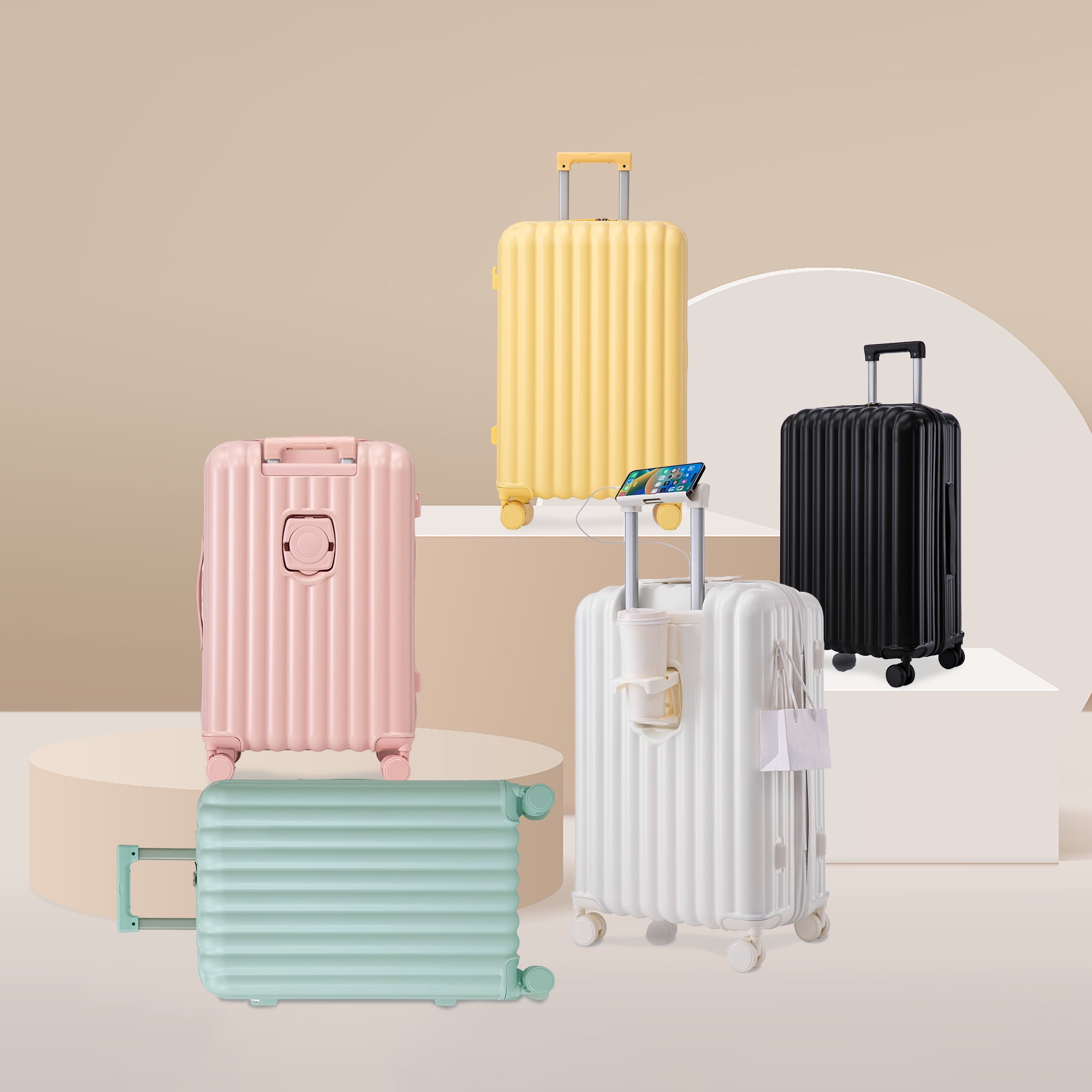 3 PCS ABS Luggage Set 20/24/28 Inch, Hard Shell Spinner Suitcase with USB & Type-C Port, Cup & Phone Holder, 3-Step Telescopic Handle, Anti-Scratch Waterproof Travel Luggage