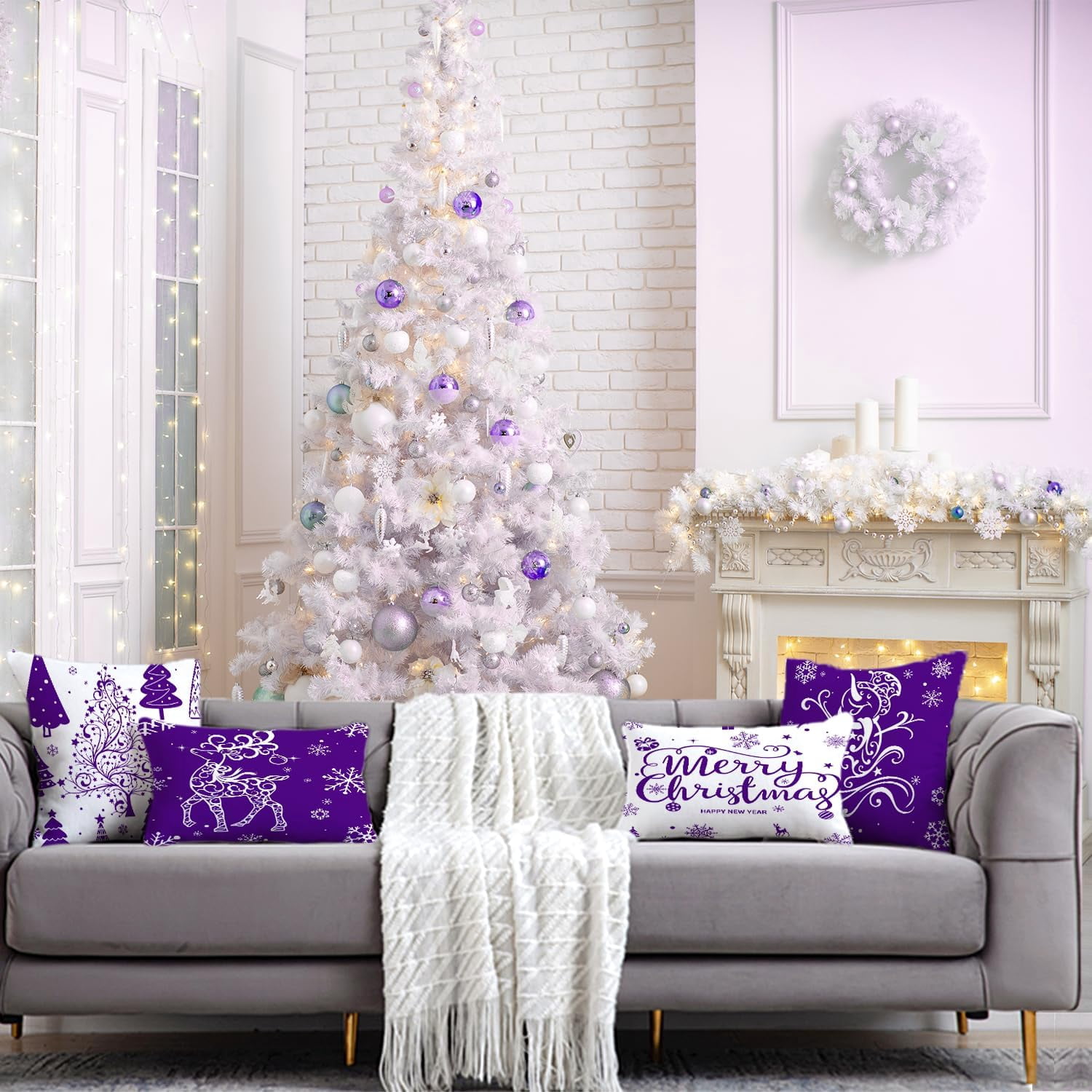 Purple Christmas Throw Pillow Covers 18x18 Set of 4 Christmas Decoration Trees Deer Snowman Merry Christmas Decorative Holiday Farmhouse Pillow Covers for Holiday Christmas Decoration