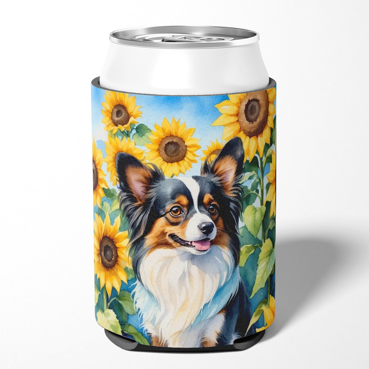 Papillon in Sunflowers Can or Bottle Hugger 3 in x 5 in