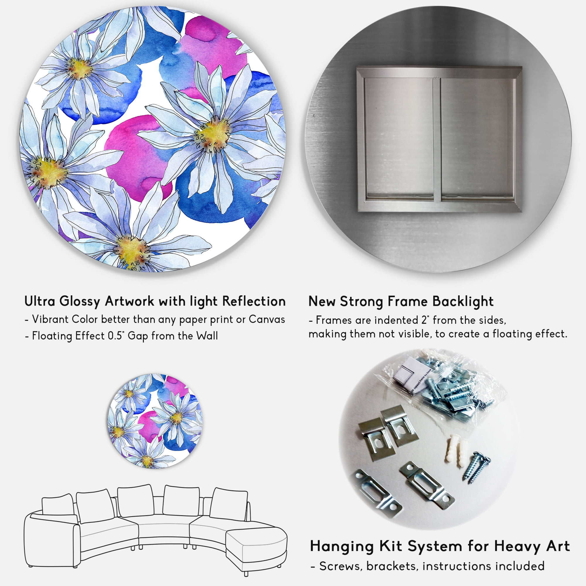 Designart 'Daisies On Red and Blue Backgorund' Traditional Circle Metal Wall Art 29x29 - Disc of 29