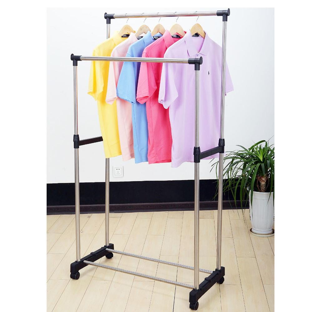 Double Bar Rod Adjustable Heavy Duty Hanger Clothes Hanger Rolling Garment Rack 