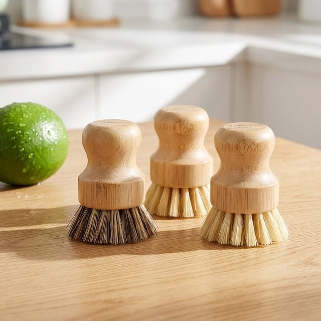 3 Paquete de Cepillos para Lavar Platos con Mango de Bambú y Fibra de Sisal, Herramientas de Limpieza de Cocina de Fibra Natural No Rayables para Ollas, Sartenes y Platos