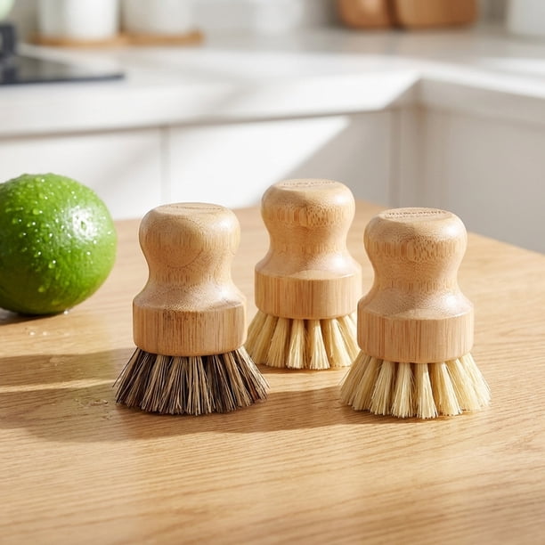 3 Pack BambooHandle Sisal DishScrub Brushes Natural Fiber Non Scratch Kitchen Pot Pan Cleaning Tools