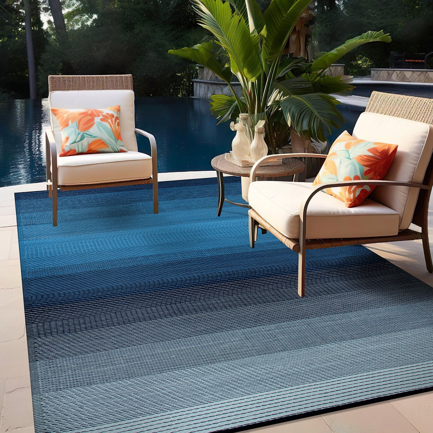 World Rug Gallery Contemporary Stripe Shade Reversible Recycled Plastic Outdoor Picnic Mat, Camping Rug, RV Rug - BLUE 3'3"x5'