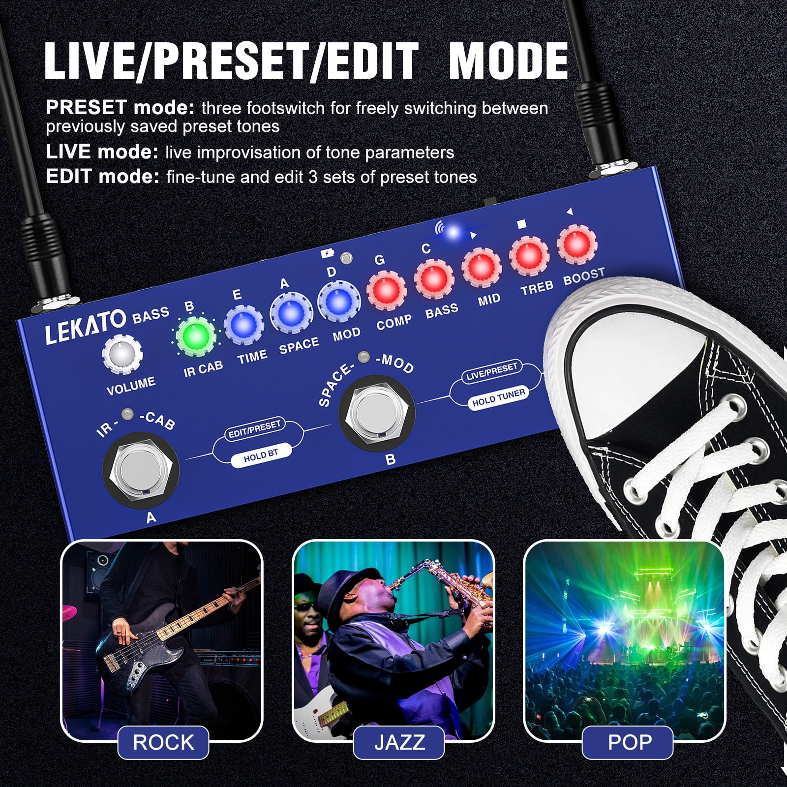 LEKATO Bass Multi Effects Pedal, Guiter Peda with IR Loading 9 AMP Models, Delay Reverb Chorus, Multi Effects Processor for Bass, Bluetooth 5.0,Recording, Built-in Battery