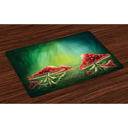 Mushroom Placemats Set of 4 Dark Forest with Mushrooms Adventure Misty Mysterious Wizard Witch Magic, Washable Fabric Place Mats for Dining Room Kitchen Table Decor,Sea Green Red Cream, by (Best Place To Find Magic Mushrooms)