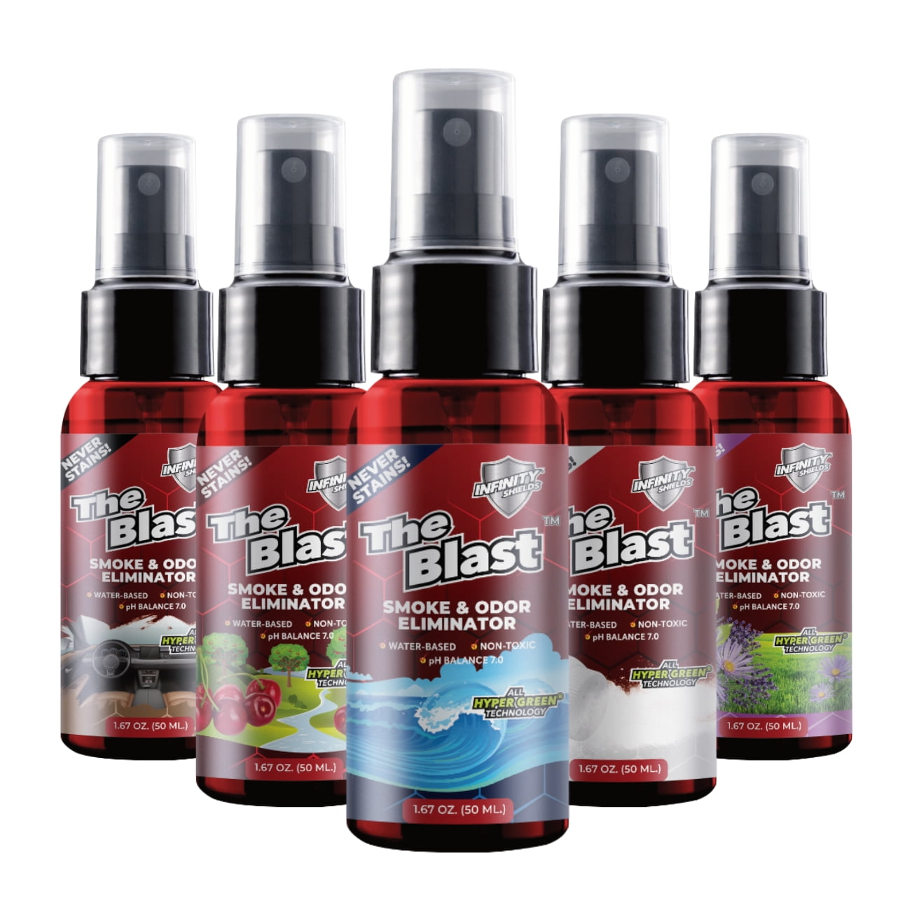 The Blast by Infinity Shields Smoke & Odor Eliminator PACK 1 (5 Mini Sprayers 1.67 oz) Cherry, Baby Powder, Ocean Breeze, New Car, Lavender