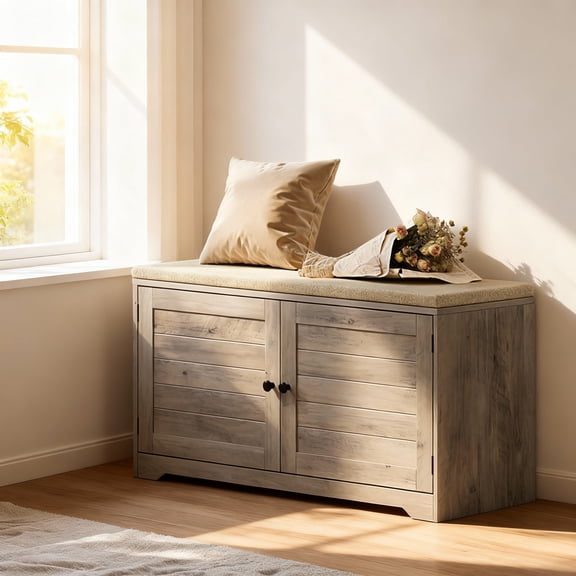 LEDREM 3-Tier Shoe Storage Bench with Cushion, Adjustable Shelves Entryway Bench for Hallway or Bedroom, 39.8-Inch Farmhouse Style, Heather Greige and Cappuccino Beige