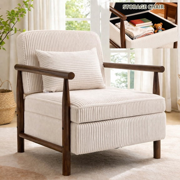 Accent Chair with Hidden Storage, LEGAHOME Antique White Modern Arm Chair for Living Room, Comfy Corduroy Reading Armchair for Bedroom, with Solid Wood Leg for 250lbs Weight Capacity