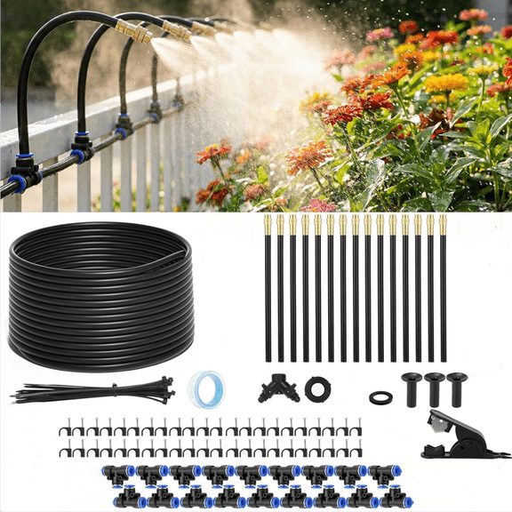BSHAPPLUS® 60FT 5/16" Drip Irrigation System,Garden Irrigation Kit with 15pcs 360°Adjustable Bendable Copper Misting Nozzles,Atomizing Watering System for Lawn, Raised Beds,Greenhouse,Outdoor Cooling