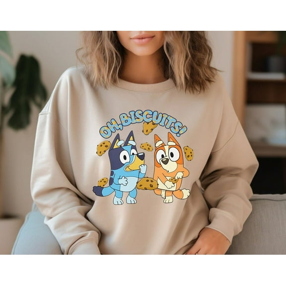Oh Biscuits Cute Bluey Sweatshirt, Blue Dog Disney Sweater, Blue Dog Birthday Party Shirt, Bluey Bingo Family Shirt, Sand Color size S
