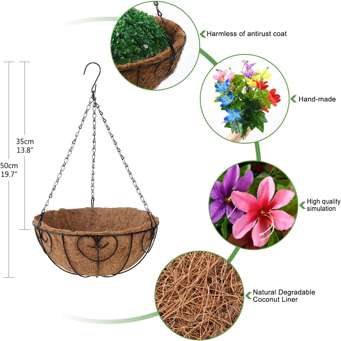 Artificial Flowers Hanging Basket for Outdoor Indoor, Fake Orchid Flowers in Coconut Lining Hanging Basket for Home Courtyard Decoration, 5 Branches Flowers in '' Basket(Blue)