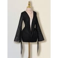 thumbnail image 5 of Black Deep V-Neck Long Bell Sleeve Sheer Mesh Backless Mini Dress For, 5 of 11