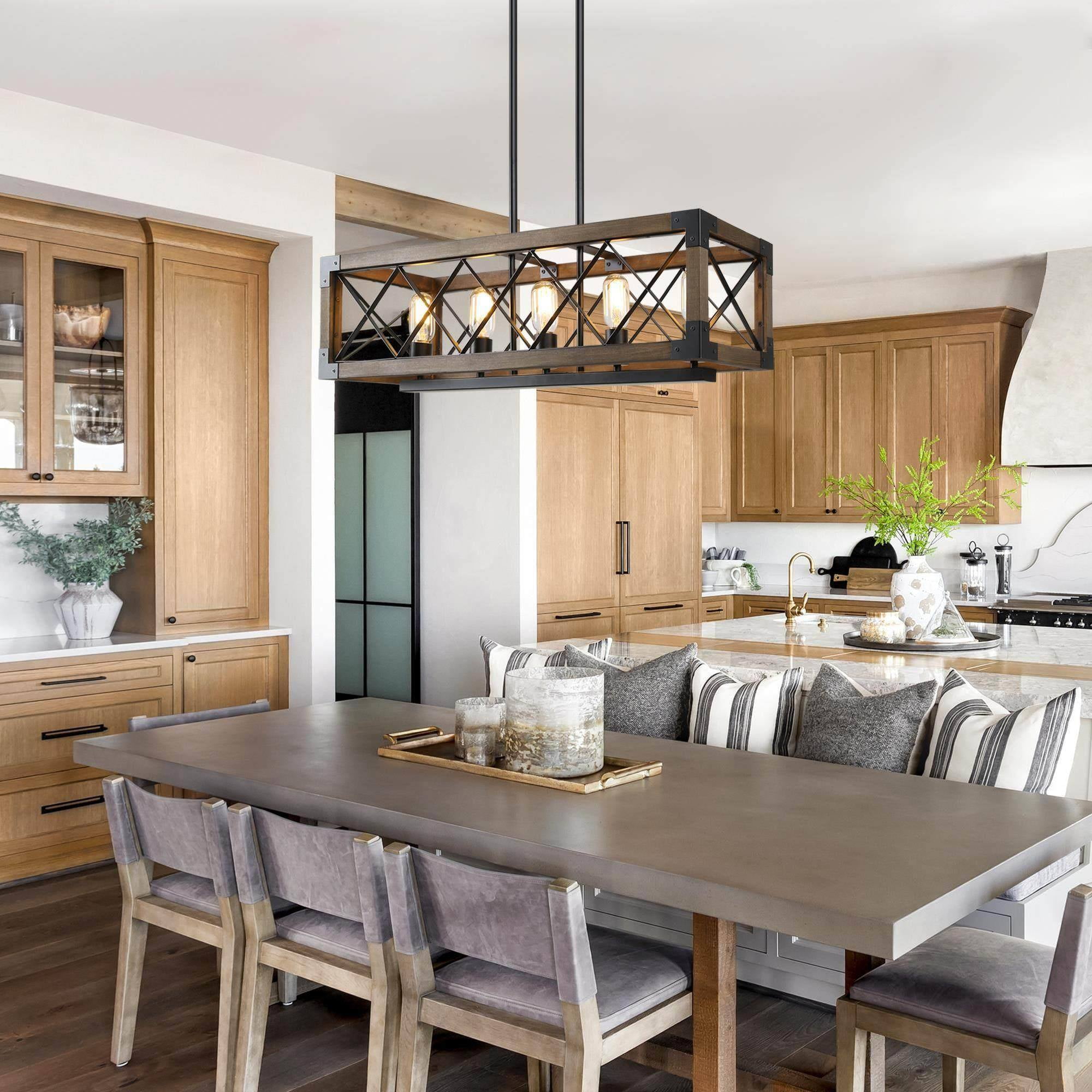 LNC 5-Light Wood and Black Metal Farmhouse Rectangular Kitchen Island Chandelier