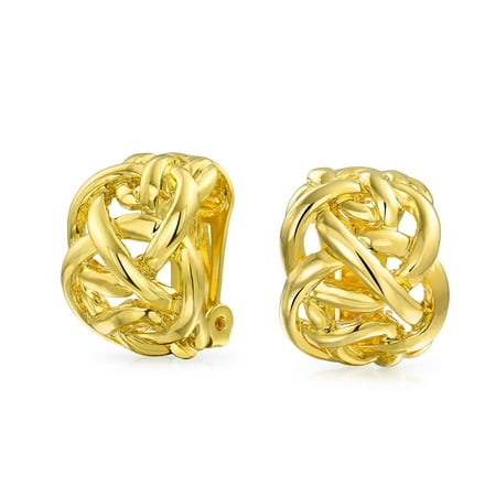 - Open Criss Cross Celtic Knot Work Weave Wide Half Hoop Clip On Earrings For Women Non Pierced Ears 14K Gold Plated Brass