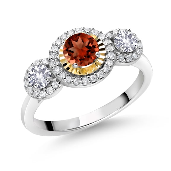 Gem Stone King 0.84 Ct Red Garnet White Created Sapphire 925 Silver and 10K Yellow Gold 3 Stone Women's Lab Grown Diamond Ring (Size 6)
