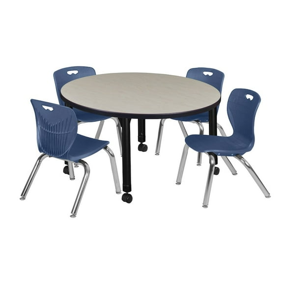 Regency 42 Round Adjustable Classroom Table- Maple & 4 Andy 12 Stack Chairs- Blue