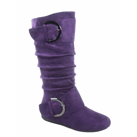 Bank-81 Women's Fashion Zipper Big Buckle Slouch Casual Flat Heel Mid Calf Round Toe (Best Flats Wading Boots)