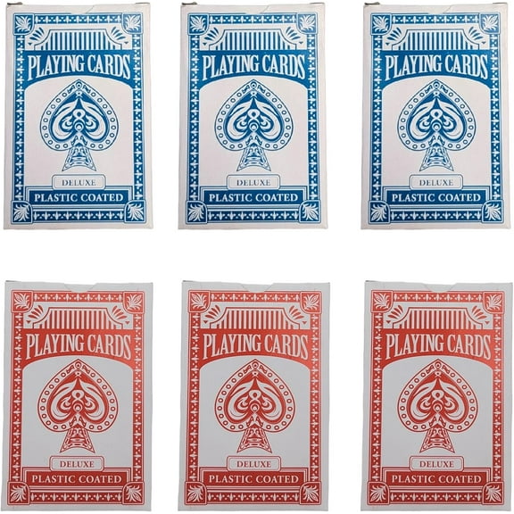 Economy Playing Cards 6 Decks (3 Red and Blue 3 Decks) 2.3/8 inches by 3.3/8 inches (55mm X 86mm) Plastic Coated. Great for Poker, Blackjack, Bridge and More.